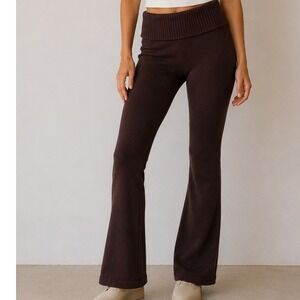 Urban Weekend Knit Fold Over Waist Flare Lounge Pants‎ Earthy Dark Academia Chic